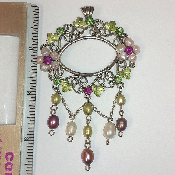 ART NOUVEAU STYLE PENDANT, GENUINE PEARLS & ENAMEL - 30" ROPE CHAIN - Picture 6 of 8